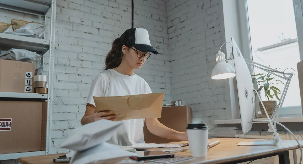 Young woman sorting packages at a modern workspace, focusing on logistics and office duties.