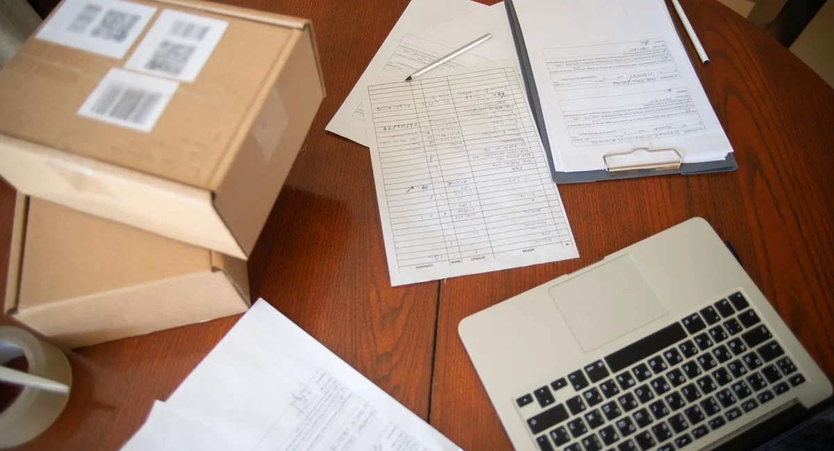 Flat lay of a workspace with laptop, documents, and cardboard boxes for e-commerce operations.