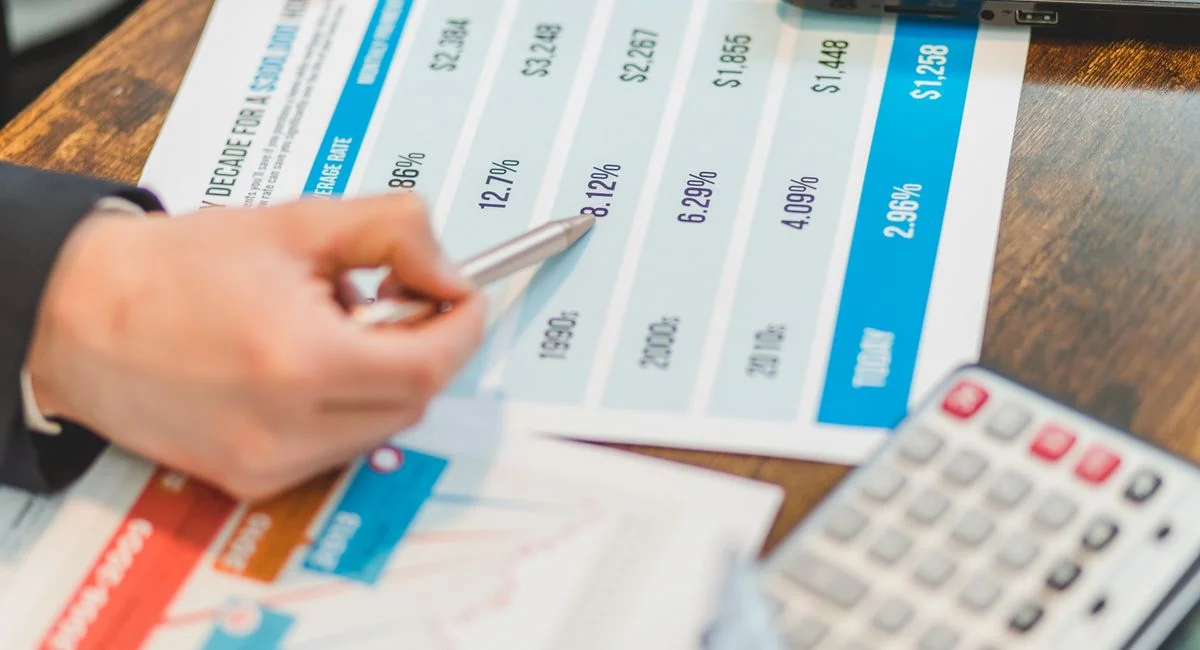 Close-up of financial documents with charts and a calculator used for business analysis.