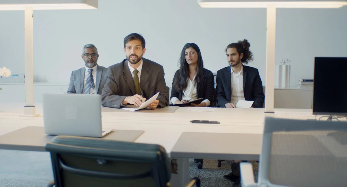 A diverse team in a business meeting using video conference in a modern office setting.